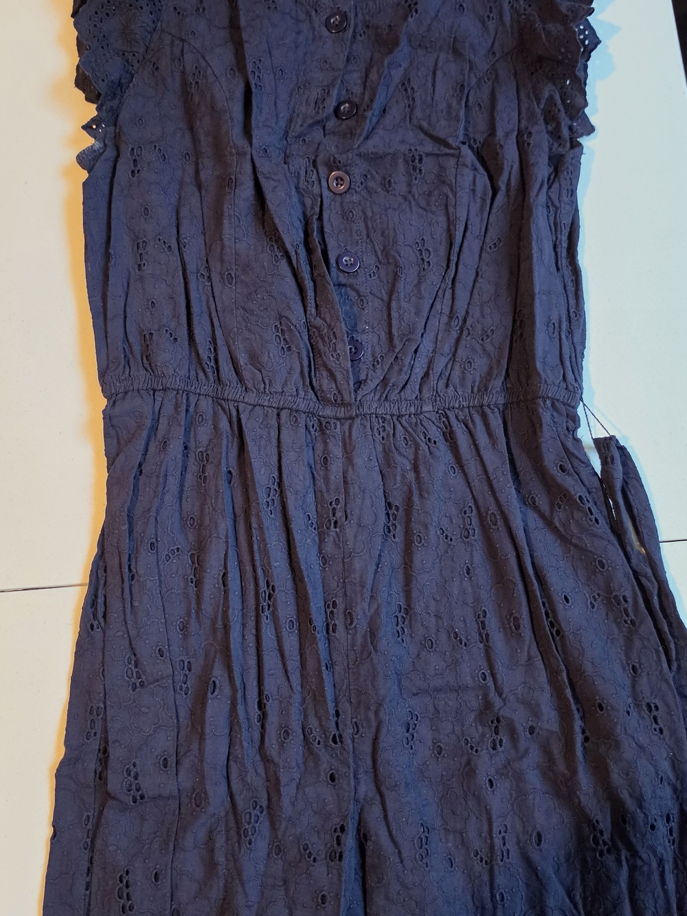 New York & Company Navy Eyelet Button-Front Shorts Romper